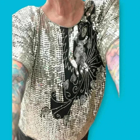 Vintage 70’s disco Studio 54 Jean for Joseph Le Bon Silk Sequins statement Top-L - Picture 11 of 14